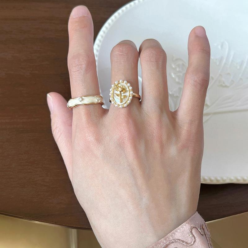 Retro Rose Shell Pearl Ring Female Colorful Sugar Cube Ring  Personality Adjustable Wave Pattern Ring Jewelry Gift