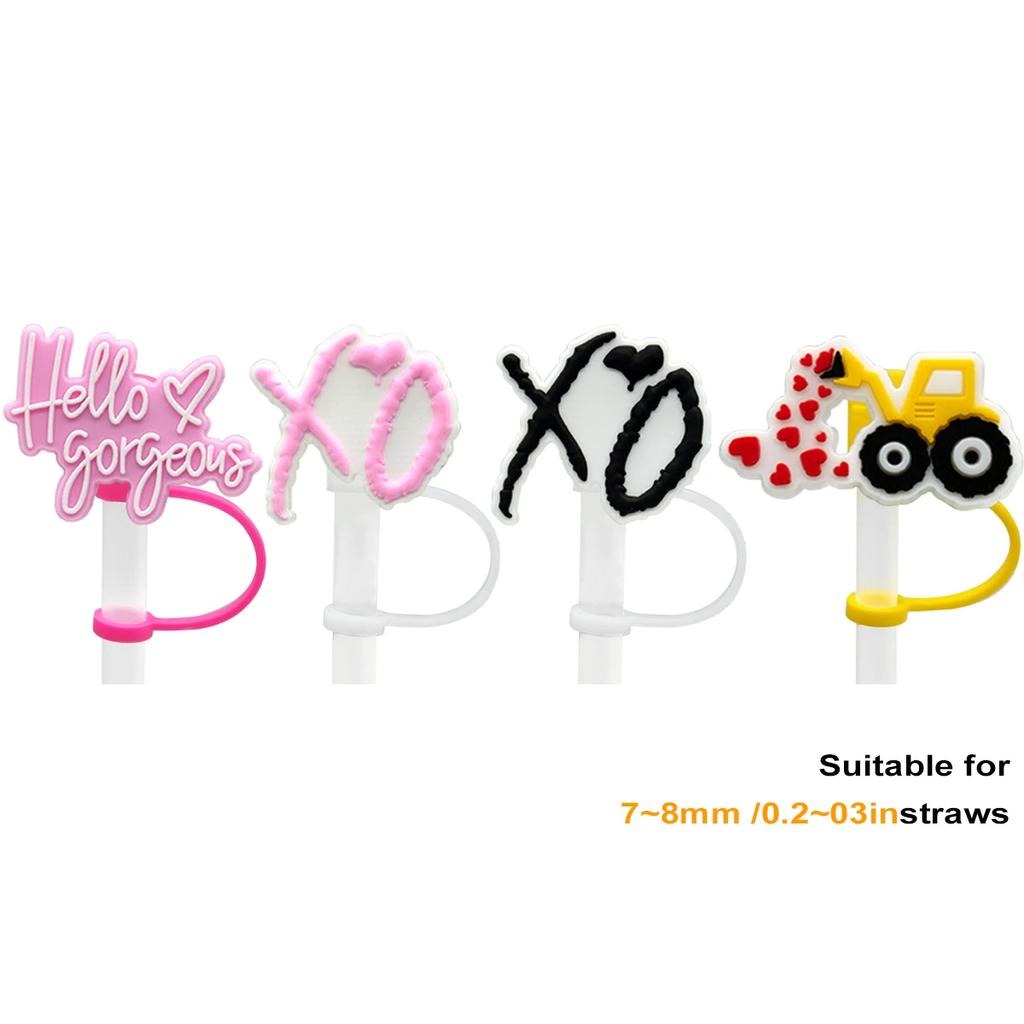 Leeseph 4pcs Straw Cover Red Pink Theme Cute Silicone Straws Tips Cover Reusable for 7-8mm/0.2-0.3in Diameter Straws Summer Gift