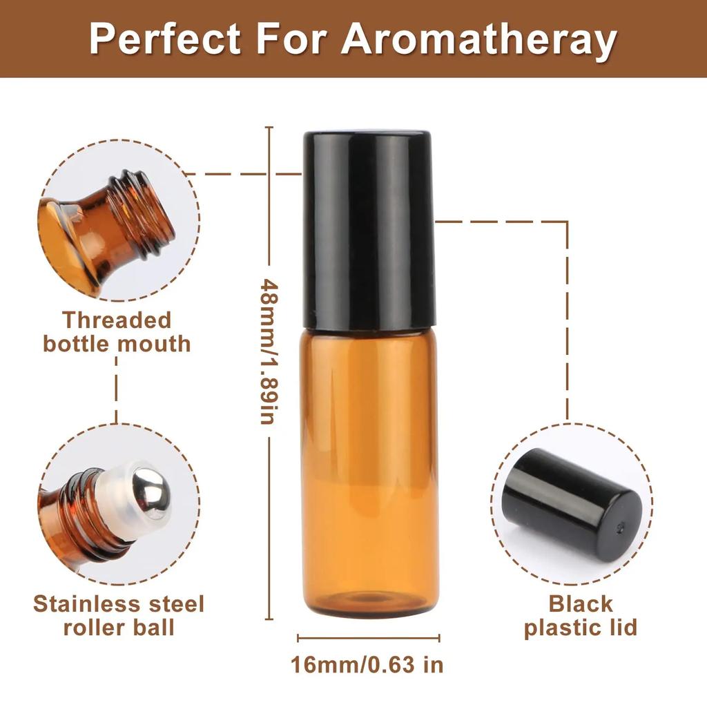 5-50pcs 1ml 2ml 3ml 5ml 10ml Glass Roll On Bottles For Essential Oils Amber Refillable Glass Roller Metal Oil Vials Mini Bottle