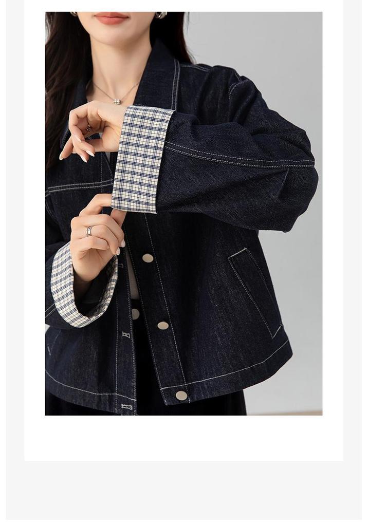 Xin Ge Women's Retro Plaid Patchwork Denim Jacket - Long Sleeve, Drop Shoulder, Casual Fit.