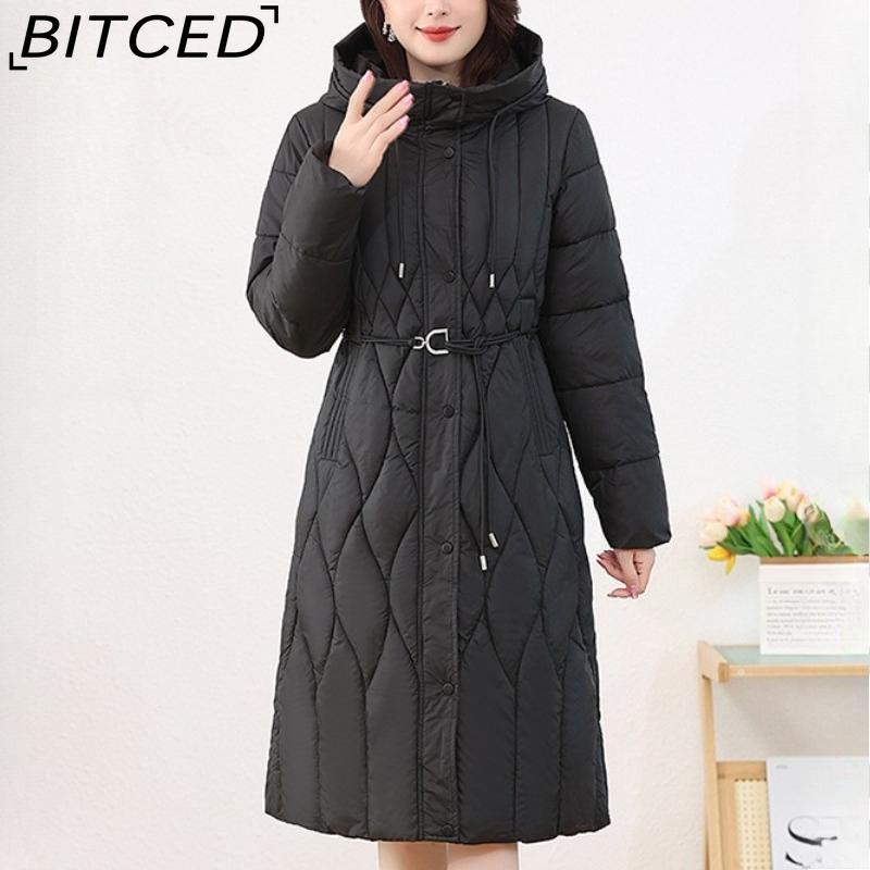 BITCED Women's Long-Length Winter Coat with Hood and Drawstring Waistband Fitted and Flattering Silhouette for a Slimming Effect