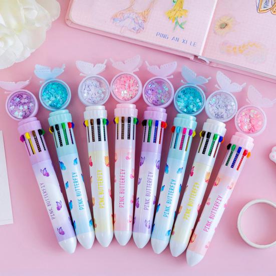 Cartoon Ausziehbarer Kugelschreiber Niedlicher Schmetterling Fließender Glitzerstift Mehrfarbige Nachfüllmine Lustiges Schulmaterial Kreatives Geschenk für Schüler Kinder