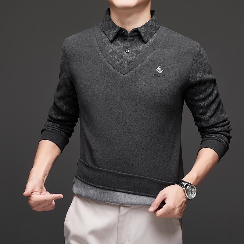 Men's Two-Piece Base Layer Long Sleeve Polo Shirt - Thickened Knit with Velvet, Wool Lapel, Casual Style for Middle-Aged.