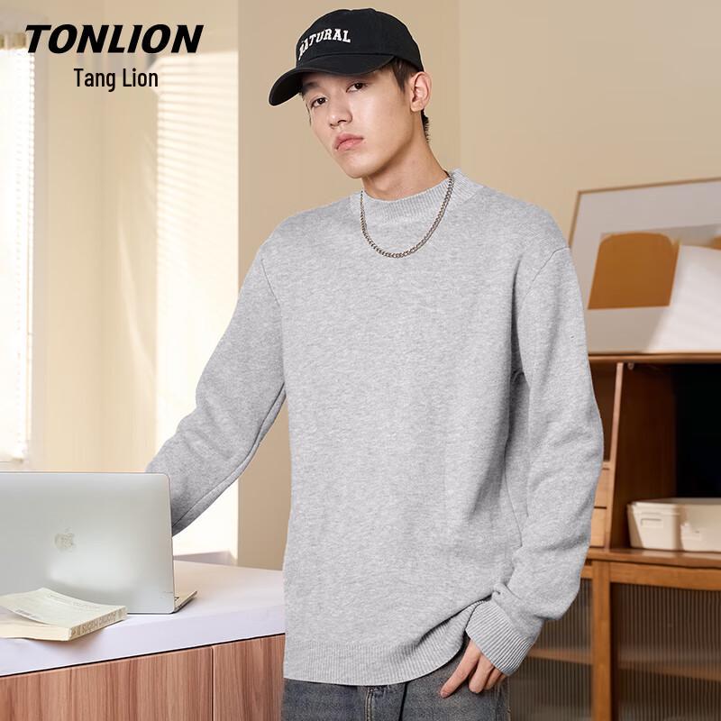 TonLion Men's Double-Strand Heavy Knit Round Neck Pullover Sweater
