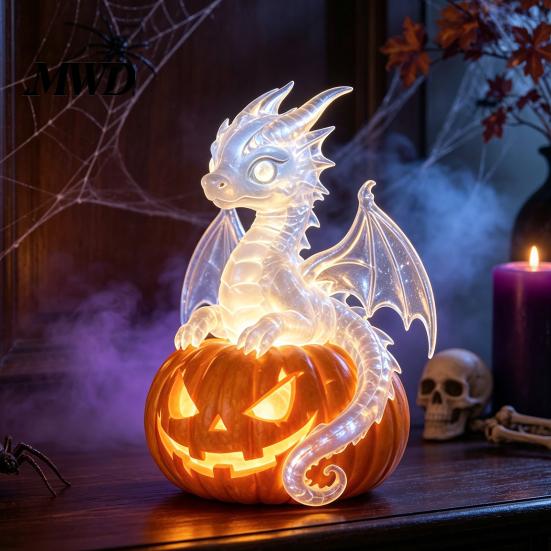Cute Ghost And Cat Night Lights Halloween Pumpkin Light, Resin LED Dragon Tabletop Lamp, Witch Festive Ornaments Hat Black Crow Lamp for Home