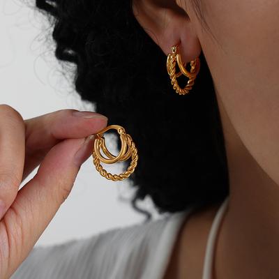 Orecchini a Cerchio Color Oro Anti-allergia per Donna alla Moda Eleganti Semplici Doppi Strati Intrecciati Orecchini da Festa Gioielli Regali