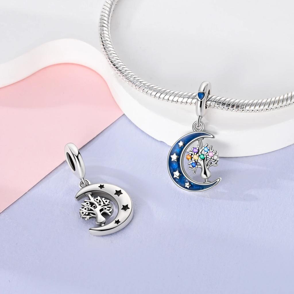 Pingente Charme Contas Cobre Lua Azul Forma de Estrela Árvore do Mundo Pingente Contas Compatível Com Pingentes Charme Prata Pulseiras Autênticas Pingente Contas W
