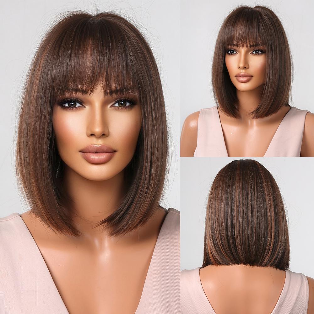 Short Straight Bob Synthetic Wigs Pink Natural Hair Wig with Bangs for Women Cosplay Cute Wig Heat Resistant Fiber