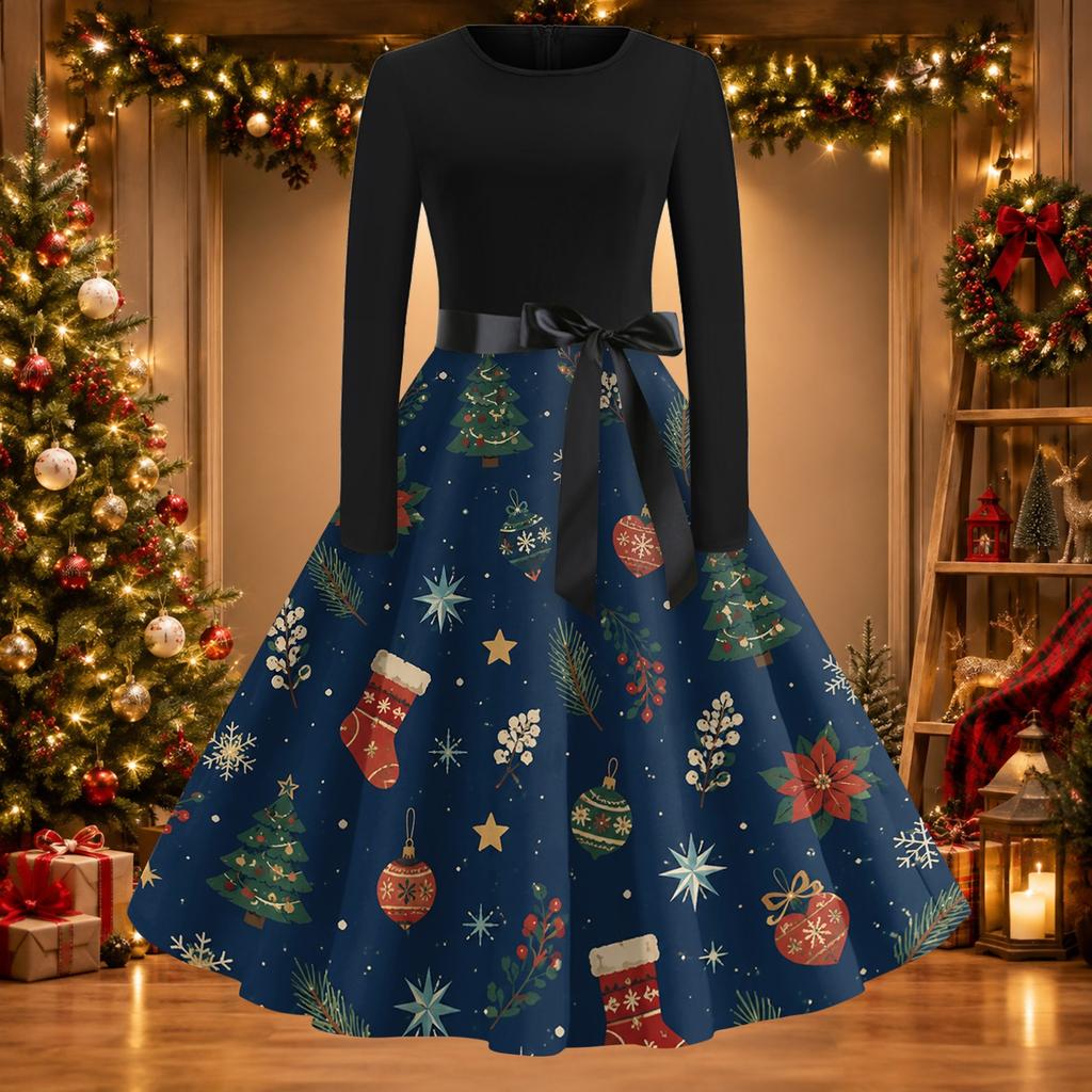 Women's Casual Slim Fit Long Sleeve Round Neck Flared Dress with Christmas Print