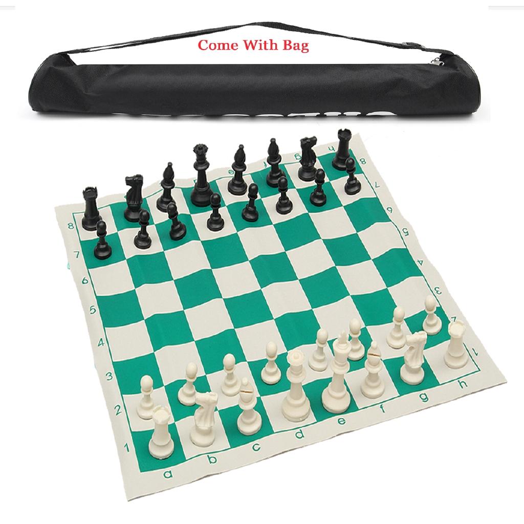 Chess Game Plastic Traveling Portable Chess Traditional Chessboard Set for Tournament Club with Green Roll-up Board + Plastic Bag