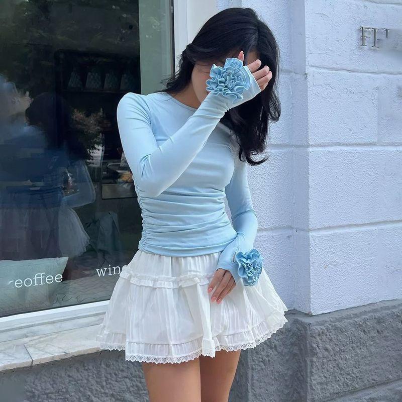 

Flower Three-Dimensional Design Sense Top Slim fit Long sleeves Shirt Women clothes Women Long Sleeve T-shirt Blue S