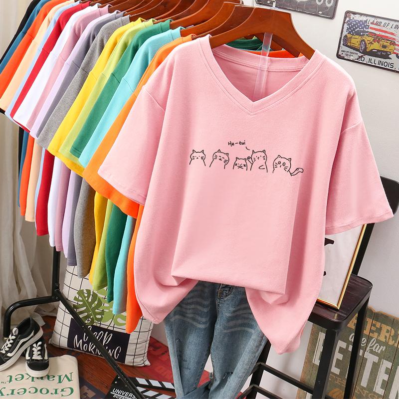 

Summer pure cotton short-sleeved t-shirt women s loose t-shirt V-neck top trendy XXXL