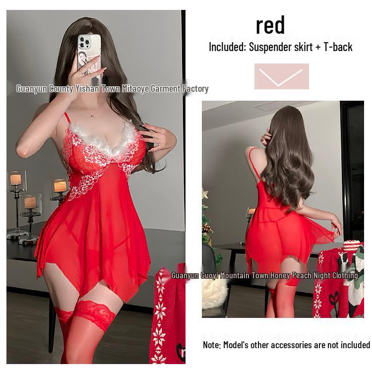 

Европейская и американская сексуальная прозрачная кружевная рождественская ночная сорочка с плюшевым топом One Size