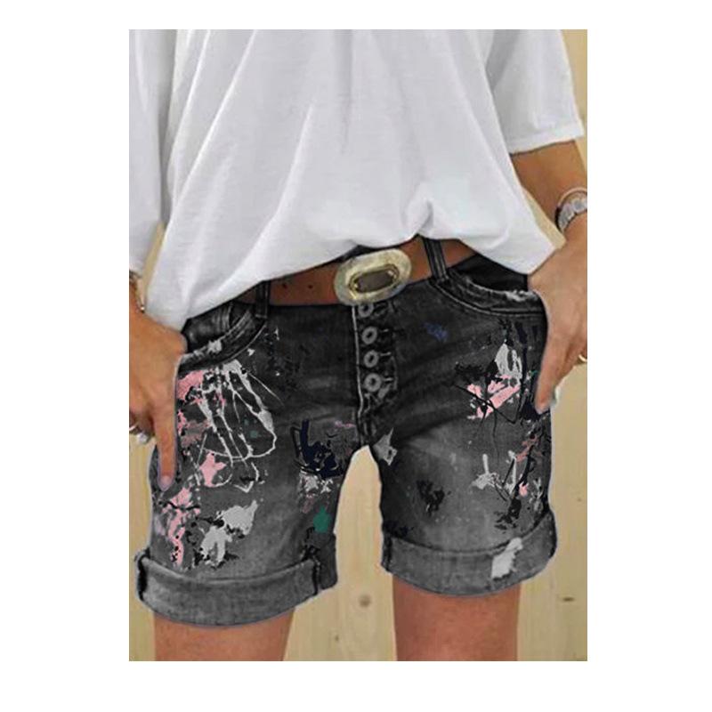 Cross-Border Women's Denim Shorts: Buttoned, Slim Fit, Half-Body Print, Casual, Elastic, Versatile Hot Pants