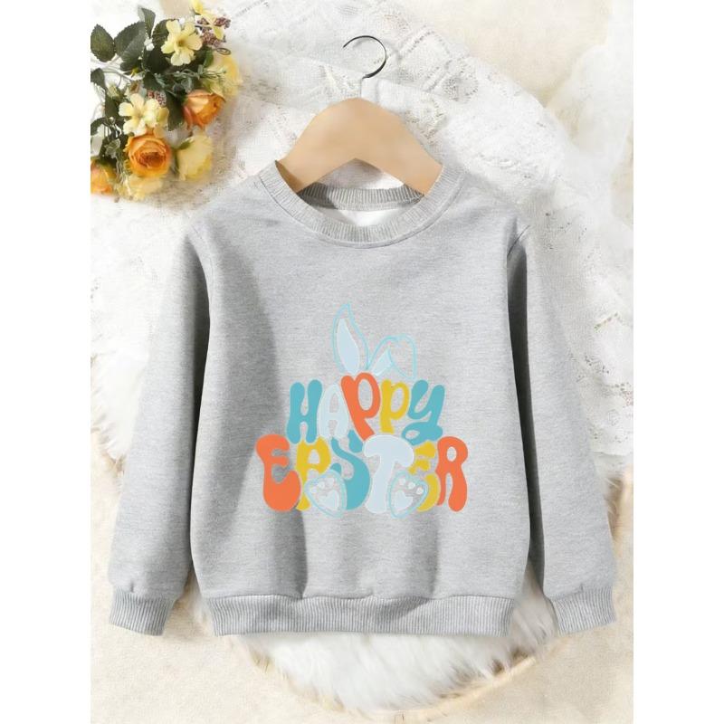 Unisex Kids Crewneck Sweatshirt, Colorful Happy Easter Bunny Ear Paw Print Pullover, Boys Girls Easter Casual Sweatshirt For Kids Over 4 Years Old