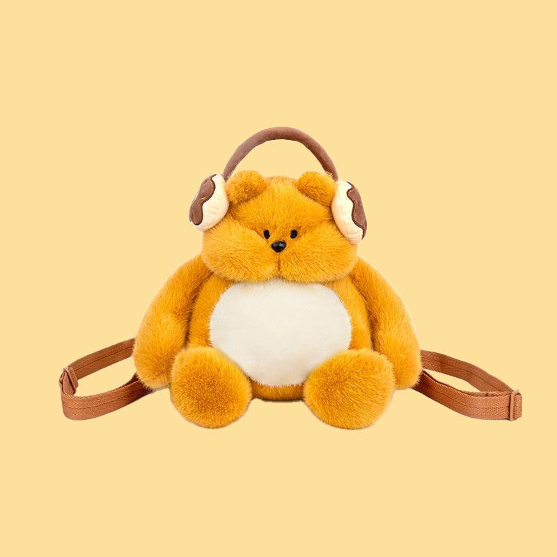 Kawaii Bear Plush Backpack Squishy Fluffy Animal Shaped Bag For Girls Casual Daily Use Cartoon School Bag With Headphone Design