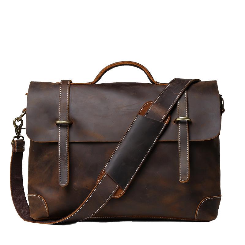 Men's Retro Genuine Leather Crossbody Messenger Bag - Handmade Crazy Horse Cowhide Briefcase