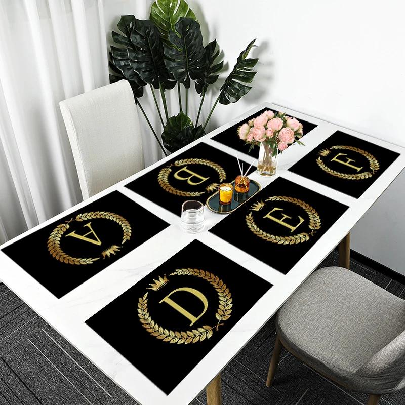 1PC Home Decor Black Gold Letter Printing Linen Placemat for Dining Table Drink Coaster Home Decoration Modern Kitchen Cup Pads