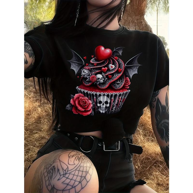Женская готическая футболка на Хэллоуин, европейский размер - Черная футболка с дизайном из красных роз и кекса, топ с круглым вырезом и коротким рукавом для нарядов на вечеринку в честь Хэллоуина, S