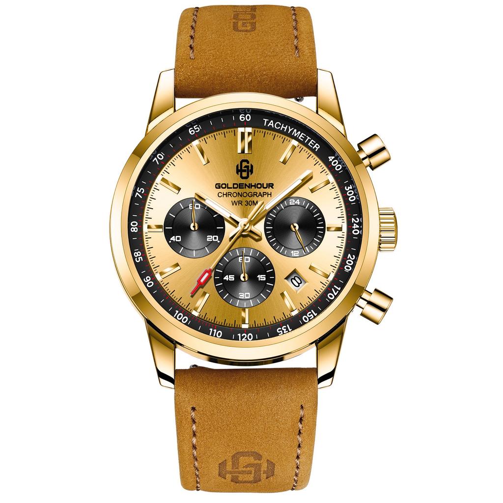 Luxury Mens Watch Fashion Leather Luminous Calendar Business Man Watch Waterproof Chronograph Gold Quartz Watches for Men