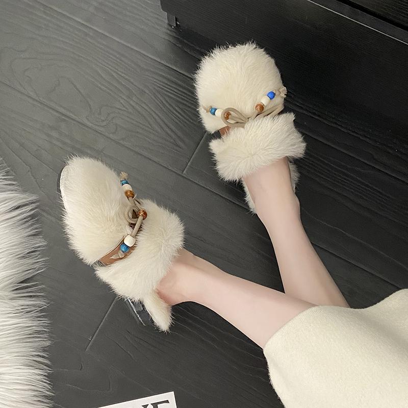 Fashion Winter Women's Fashion Outdoor Non-slip Fur Slippers Cute Style Bow Decoration Flat Bottom Comfortable Baotou Slippers Shoes