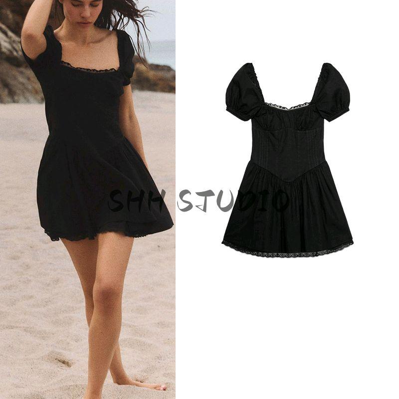 Spring and Summer New Women's Clothing Wide Pleated Design Puffy Short Sleeve Lace Poplin Square Collar Short Dress 5107304