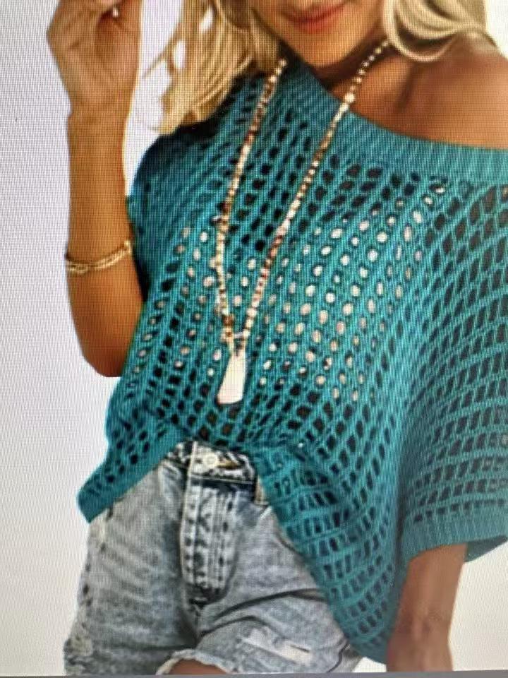 European & American 2026 Summer Mesh Hollowed-Out Five-Sleeve Beach Cover-up Sunscreen.
