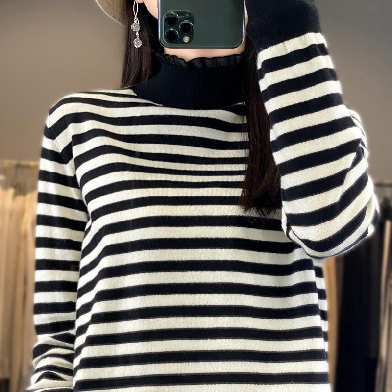 YYFS Women's Fashion Casual Stripe Print Autumn Winter Long Sleeve Half Turtleneck Sweaters