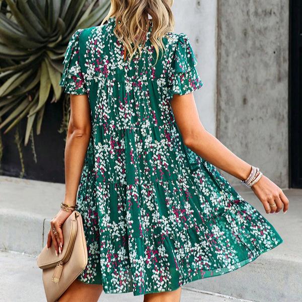 Rochie de vară boemă casual cu mânecă scurtă, cu imprimeu floral deasupra genunchiului, din șifon larg, dintr-o bucată