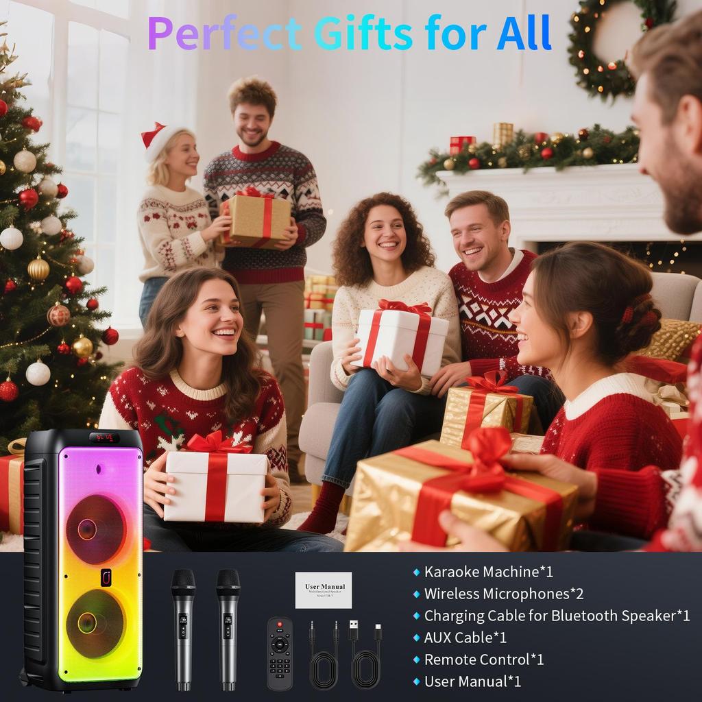 T38 Large Bluetooth Speaker, Wireless Speaker with Wheels and Push Rod, Karaoke Machine with Two Microphones With Tws