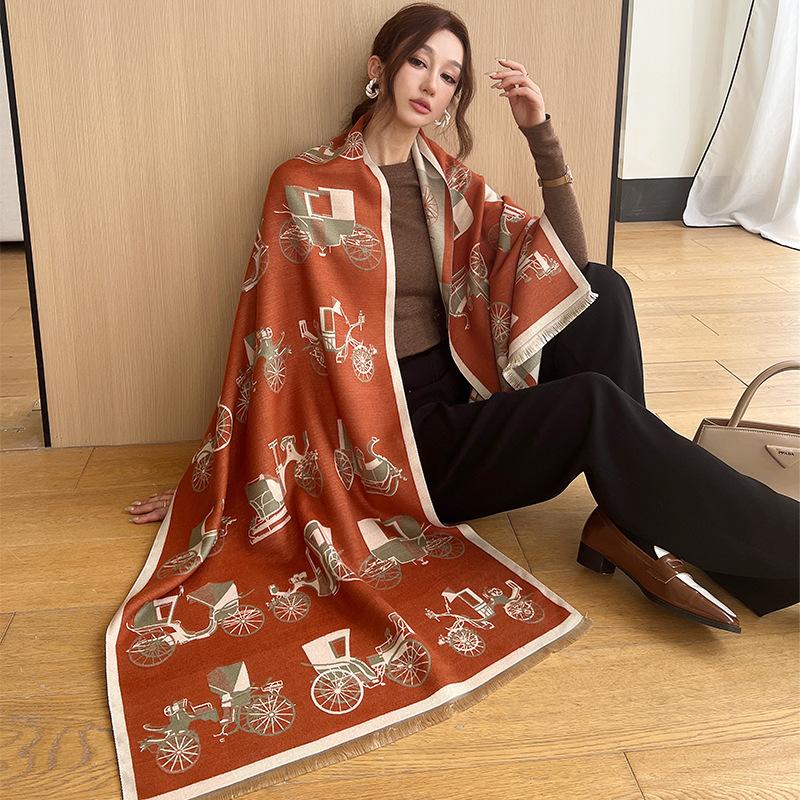 Elegant and Luxurious Windmill Horse Fleeting Imitation Cashmere Scarf for Women Plus Velvet To Keep Warm and Windproof Versatile Scarf