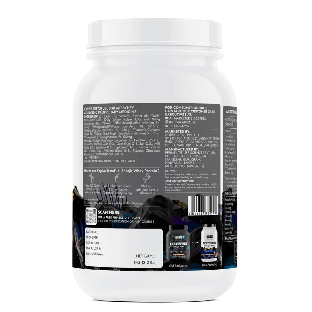 Kapiva Testofuel Shilajit Whey Protein Powder 1 kg Belgian Chocolate With 25 g Protein Faster Absorption Digestive Enzyme Blend