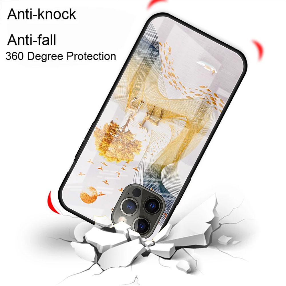 Glass Case For Apple iPhone 14 13 11 12 Pro 7 XR X XS Max 8 6 6s Plus SE 2022 13Pro Tempered Phone Tampa Ginkgo Gold Foil