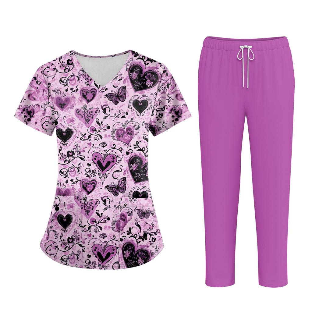 Plus SizePrinted Scrub Working Uniform Tops For Women's Cross V-Neck Halloween Print Short Sleeve Fun T-Shirts Workwear Tee With Pockets