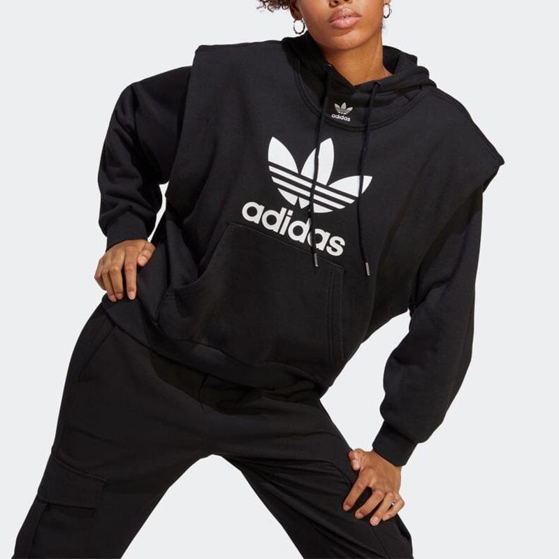 Adidas Originals Trefoil Logo Print Hoodie With Drawstring Women Tops Black IC5576