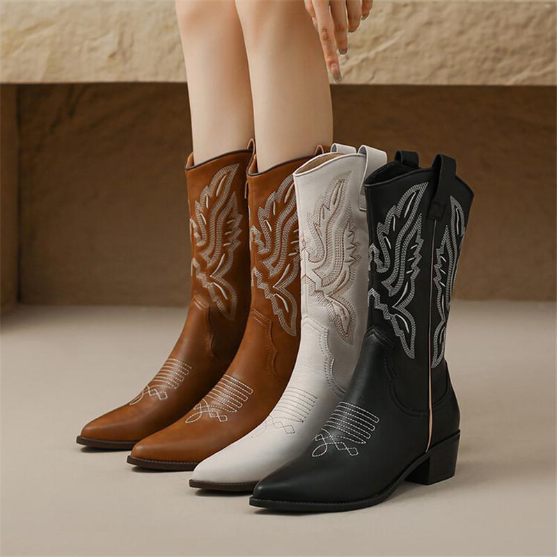 Fashion Autumn Winter Split Leather Women Boot Fashion Embroidery PointedToe Boots for Women Mid-calf Boots Botines Mujer Knight Boots
