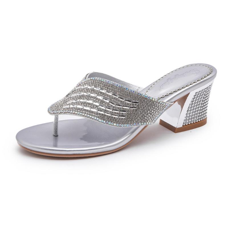 2025 Women s Summer Rhinestone Silver Chunky Heel Non-Slip Flip-Flops 36 серебряный