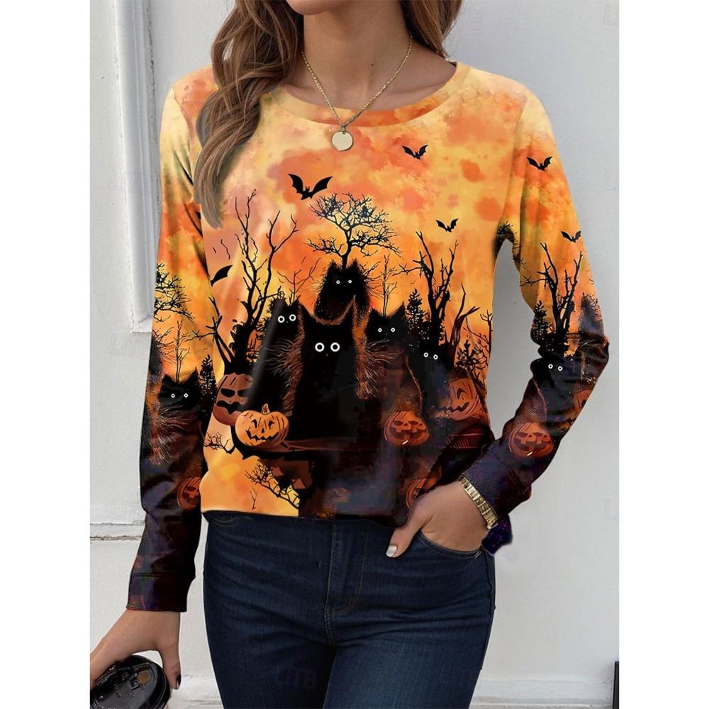 

Fashion Women s T shirt Tee Ombre Print Halloween Casual Holiday Fashion Long Sleeve T-shirt O-Neck Yellow Sweatshirt Pullover S