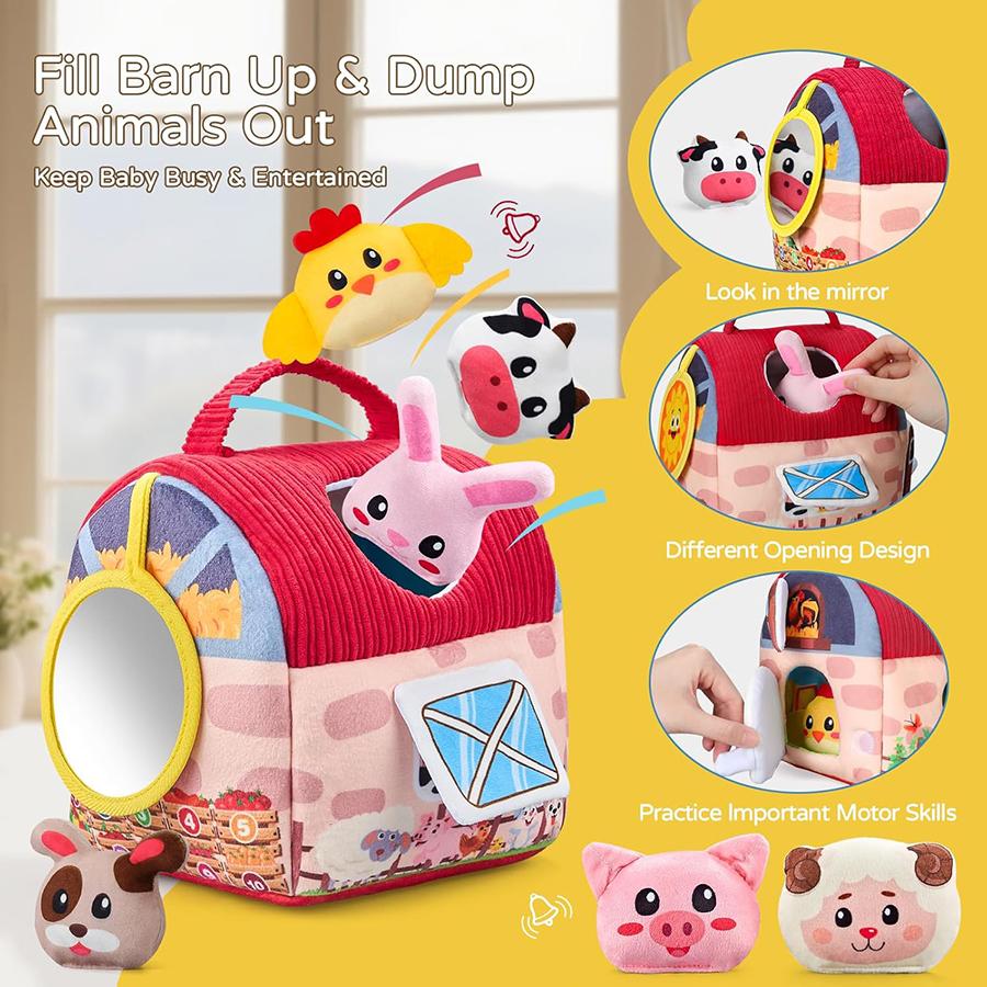 Baby Toys 6-12 Months, Barn Toys with Stuffed Farm Animals for Toddlers 1-3 Baby Plush Beehive wtih Rattles Squeaker Mirror