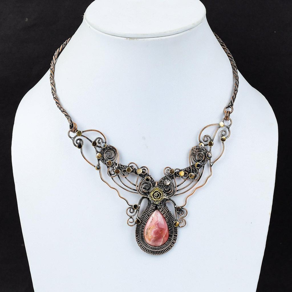 Rhodochrosite Necklace Copper Wire Wrapped Adjustable Necklace Gemstone Copper Jewelry Handmade Necklace Rhodochrosite Jewelry Gift For Mom