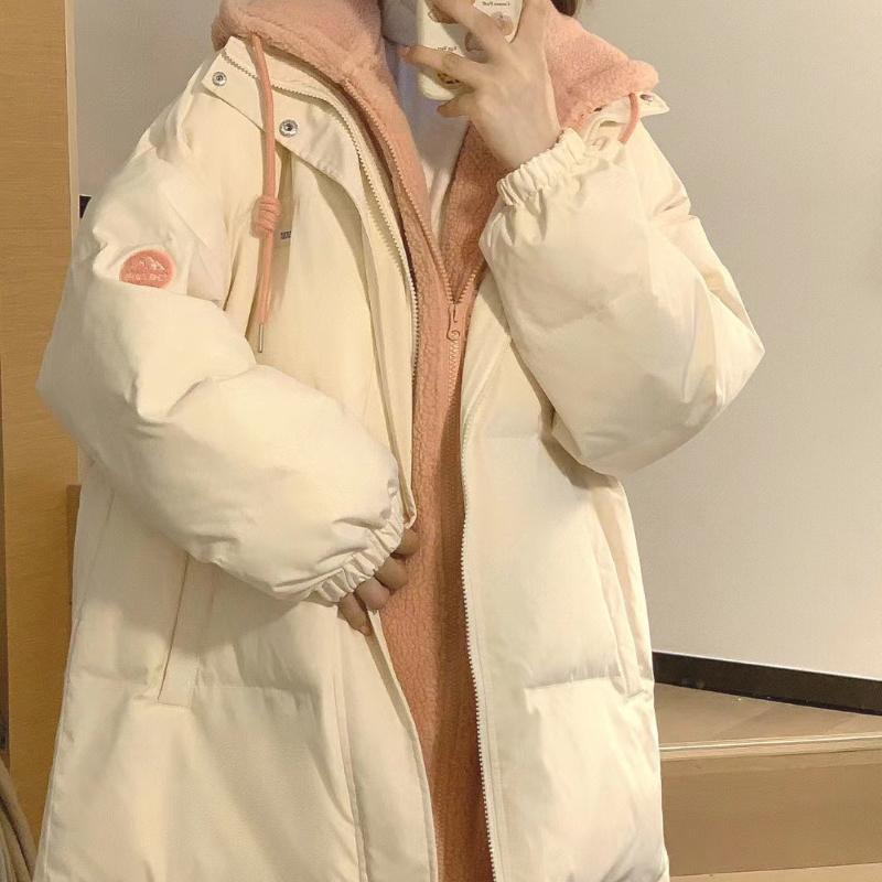 Modischer mittellanger Baumwollmantel mit Kapuze für Damen, verdickt mit Farbblock, neuer Winterstil für Studenten, warme Jacke