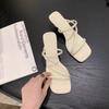 Leather Thin Strap High Heels Square Head Thin Cool Slippers Women's Temperament Sandals