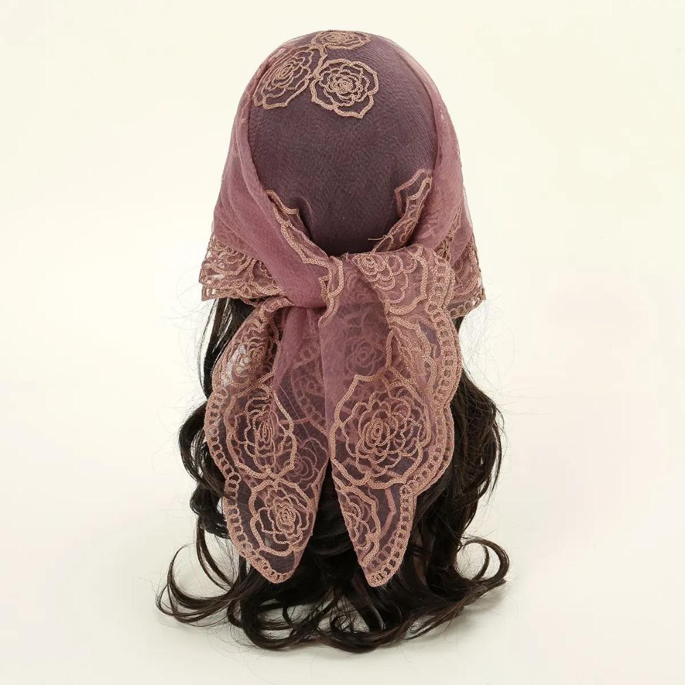 

80*80см Кружевной Квадратный Банданы Стиль Рок Вышивка Цветочная Повязка на Голову Сетка Дышащий Хиджаб Через Головной Платок Мусульманская Женщина Вуаль