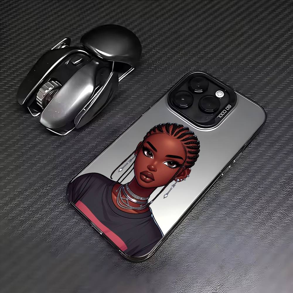 Afro Black Girls Cartoon Phone Case For iPhone 17,16,15,14,13,12,11 Plus,Pro Max,Colored Silver Phone Case