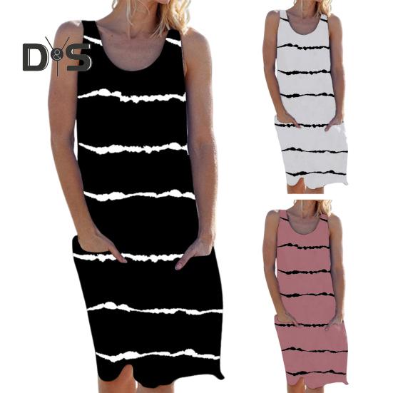 Dámské bezrukávové tankové šaty Letní ležérní tunikové šaty s kulatým výstřihem a kapsou Volné pruhované plážové letní šaty Krytí plavek/bikiny