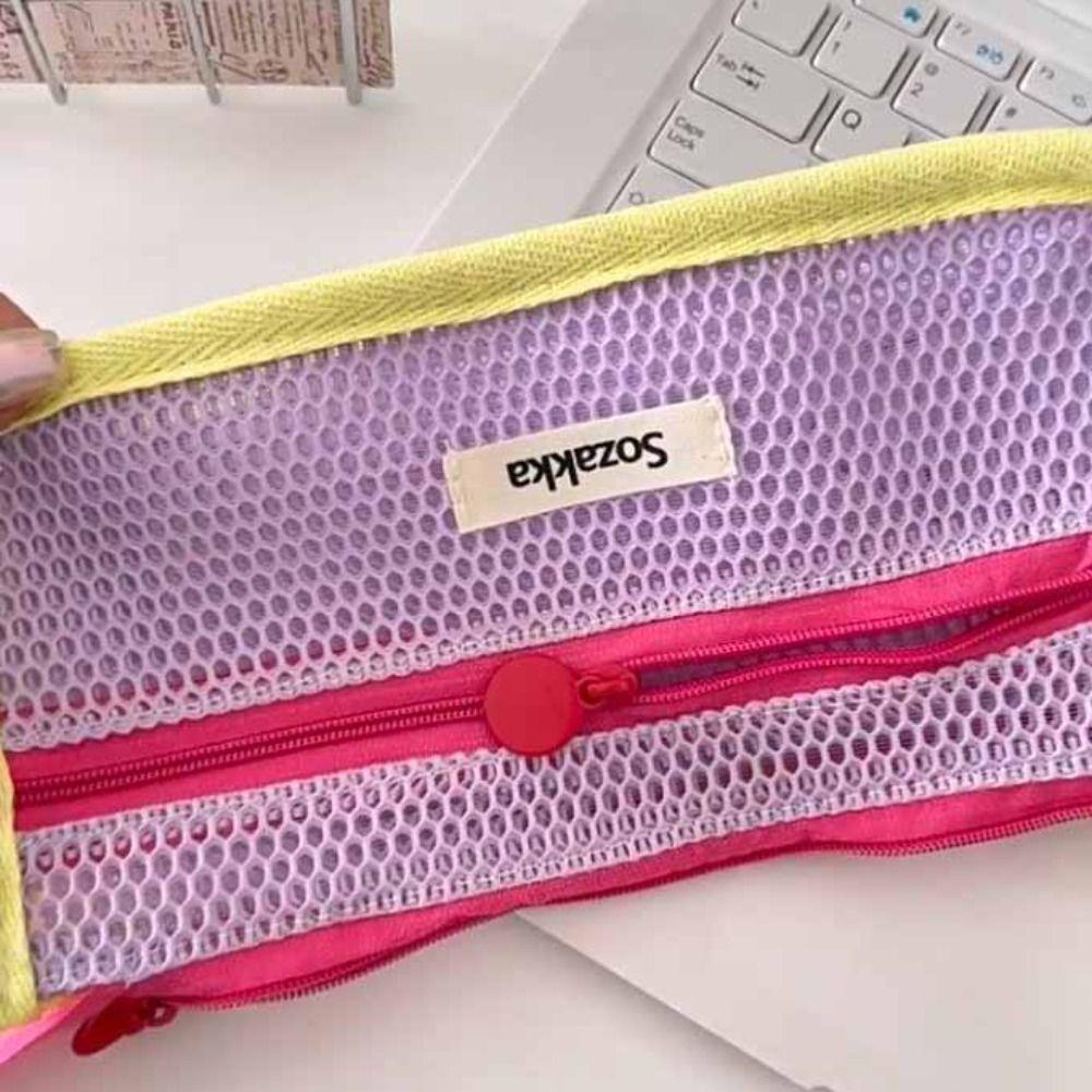 Double Layer Transparent Pencil Bag Nylon Zipper Stationery Bag Simple Mesh Pencil Case Travel