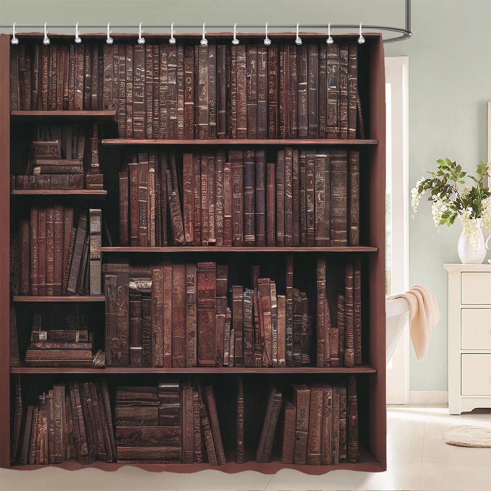 

Retro Style Simulation Bookshelf Printed Shower Curtain Bath Curtain Polyester Fabric Home Decoration Curtains With Hooks W60H190(CM)-1 Pcs