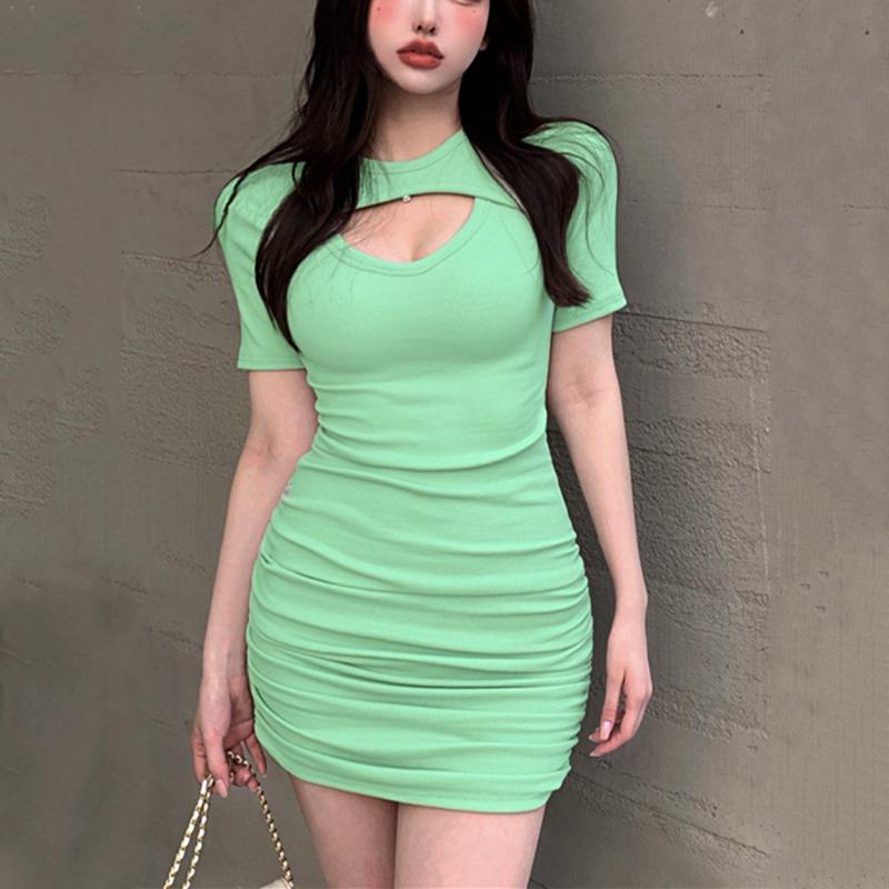 

Y2K летнее мини-женское однотонное обтягивающее плиссированное облегающее элегантное платье с запахом ягодиц XL светло-зеленый