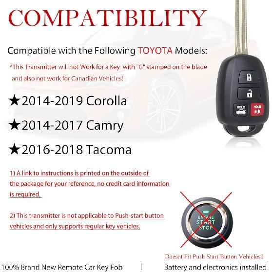 MechanMagic Key Fob Remote Replacement Fits for Toyota Corolla 2014 2015 2016 2017 2018 /Camry 2014-2017/Tacoma 2016-2018 HYQ12BDM Keyless Entry