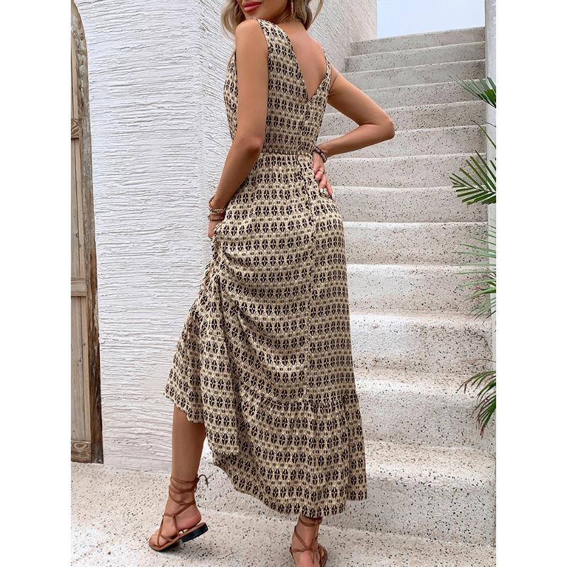 VEZFAA Women's Fashion Summer Spring Rhombus Print Sleeveless V-Neck High Waist Casual Dresses